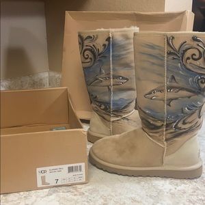 One of a kind, airbrushed shark Uggs